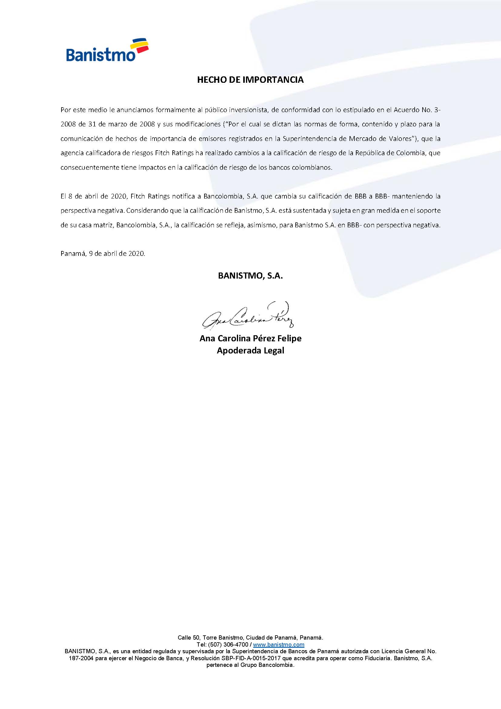 COMUNICADO PÚBLICO: Hecho de Importancia Clasificación Fitch Ratings calificación BBB-