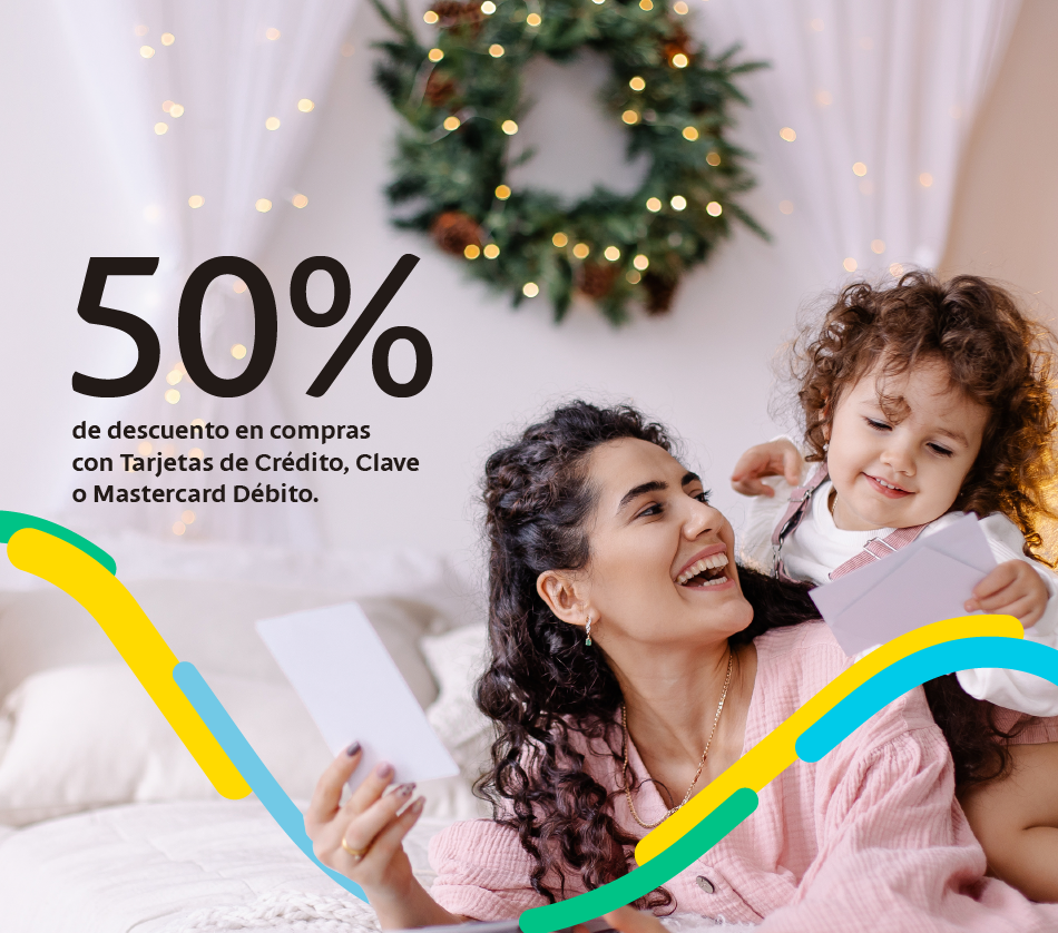 50% de descuento en compras con Tarjetas de Crédito, Clave o Mastercard Débito.