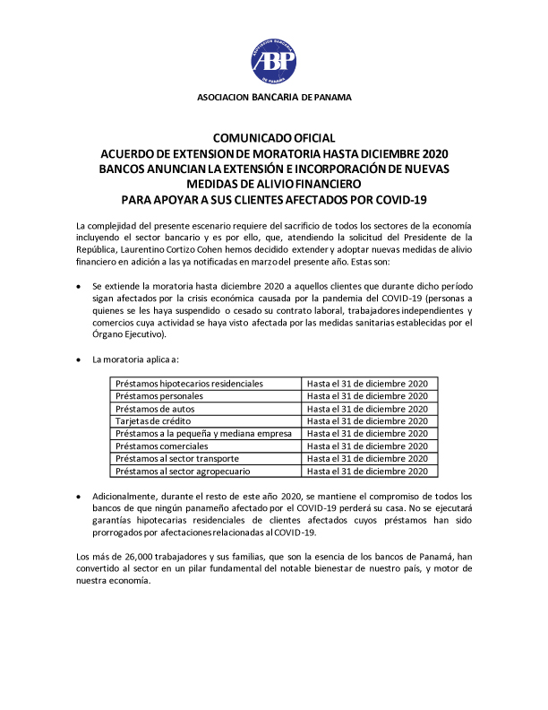 Comunicado oficial de la Asociación de Bancos de Panamá - Acuerdo de Extensión de Moratoria-pag1