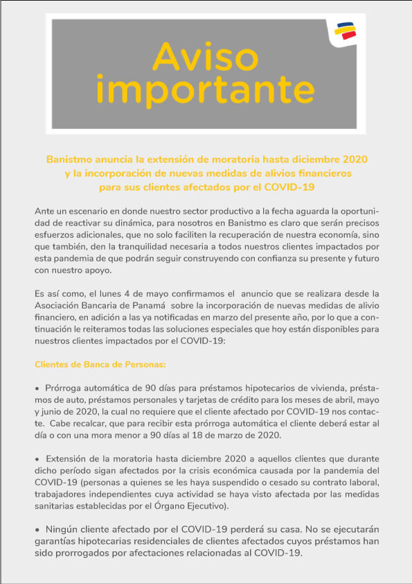 Banistmo anuncia la extensión de moratoria hasta diciembre 2020-1